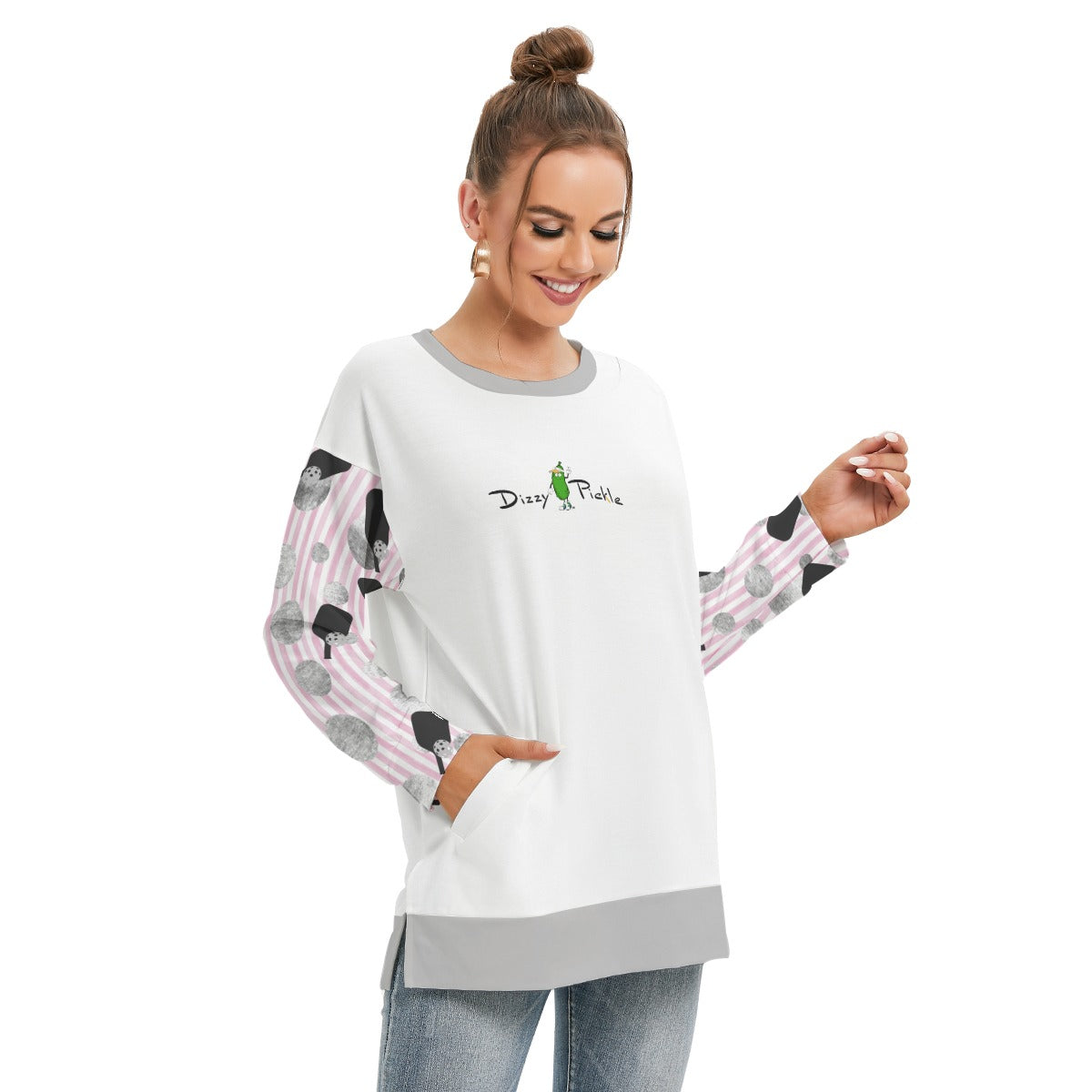 Dizzy Pickle Page Polka Dots_Paddles_Stripes Women's Pickleball Side Split O-Neck Sweatshirt