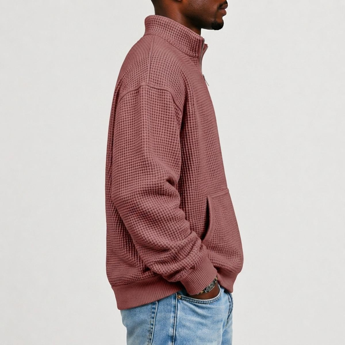 Dizzy Pickle DZY P Classic Dusky Red Men's Waffle Knit Casual Sweatshirt With Half Zipper
