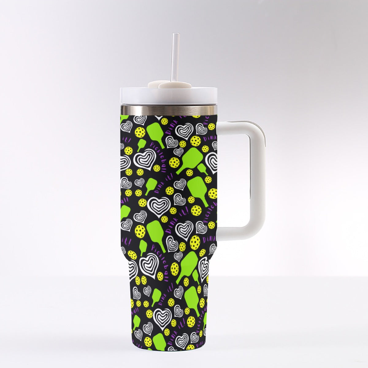 Dizzy Pickle Dinking Diva Hearts BG 40 oz. Mega Pickleball Insulated Tumbler with Handle