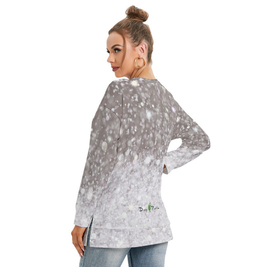 Dizzy Pickle Christmas Glitter Silver Women's Pickleball Side Split O-Neck Sweatshirt