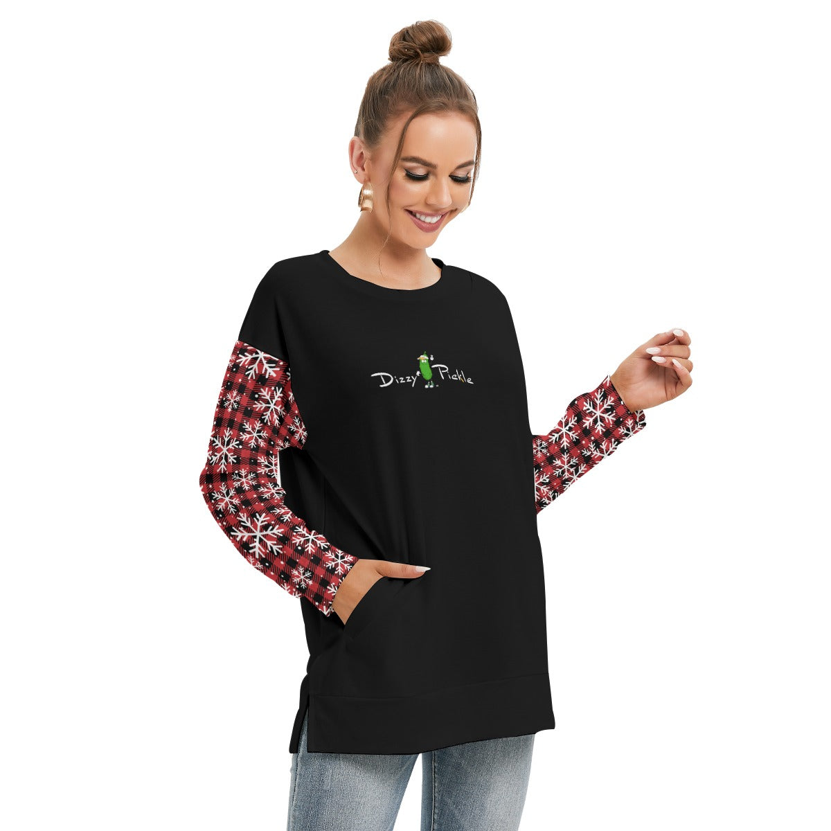 Dizzy Pickle Christmas Snow Plaid Women's Pickleball Side Split O-Neck Sweatshirt