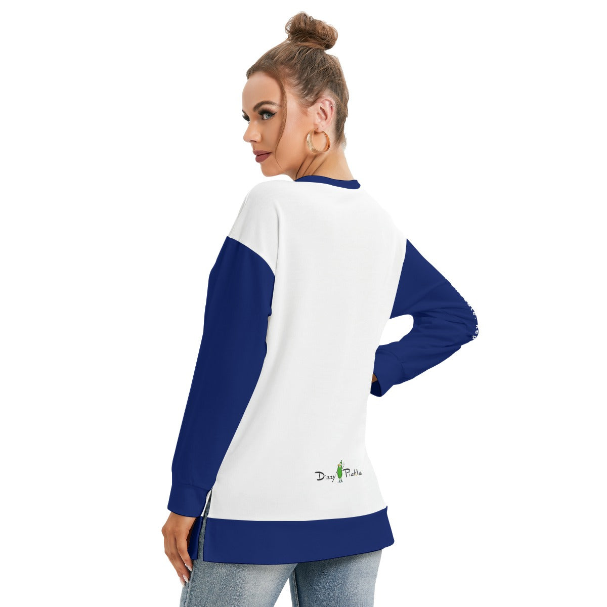 Dizzy Pickle DZY P Classic White_Blue Women's Pickleball Side Split O-Neck Sweatshirt