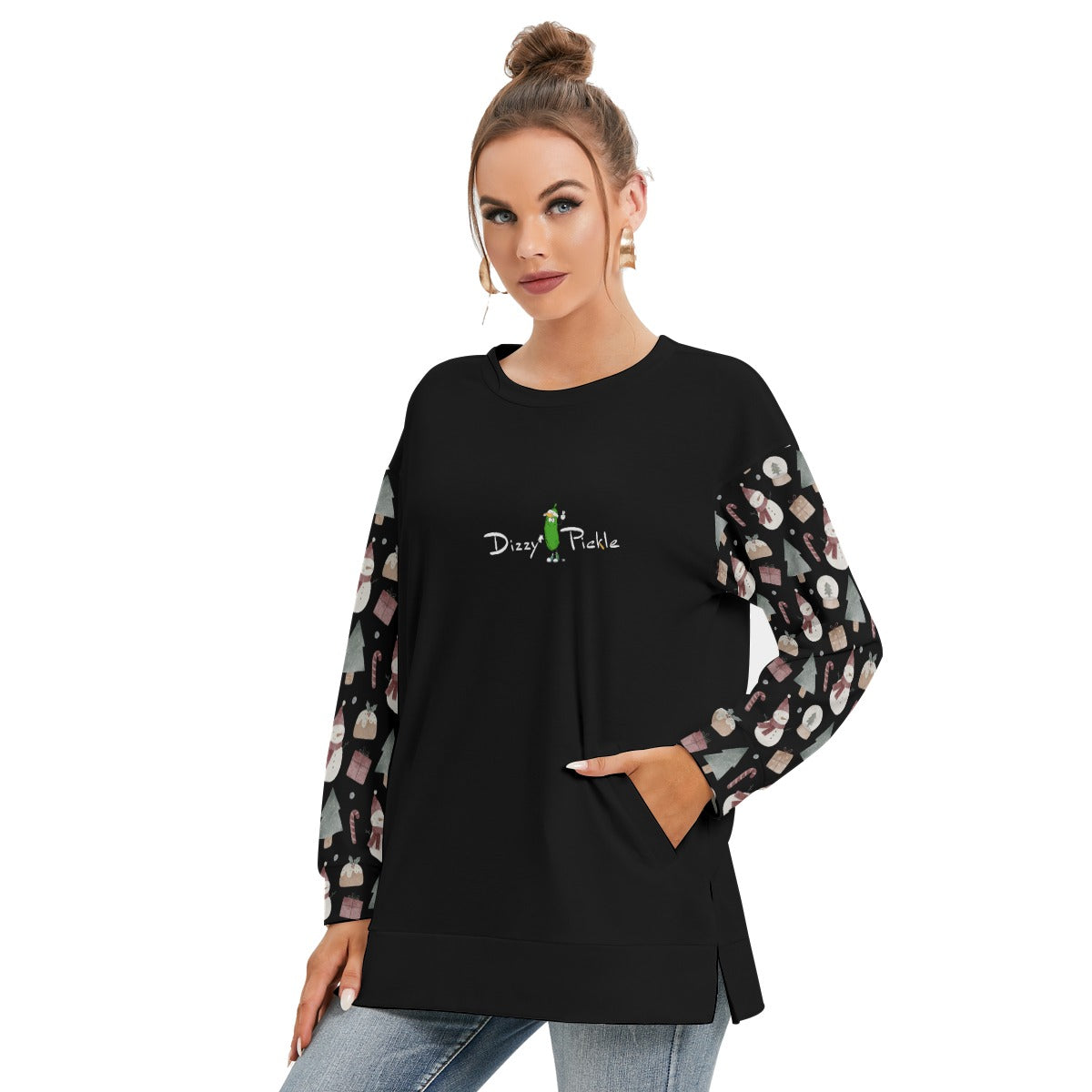 Dizzy Pickle Christmas Snowman Party Women's Pickleball Side Split O-Neck Sweatshirt