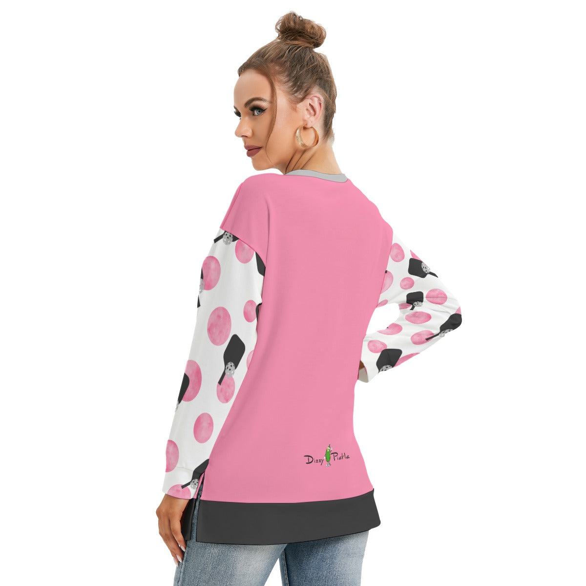 Dizzy Pickle Page Paddles_Polka Dots White Women's Pickleball Side Split O-Neck Sweatshirt