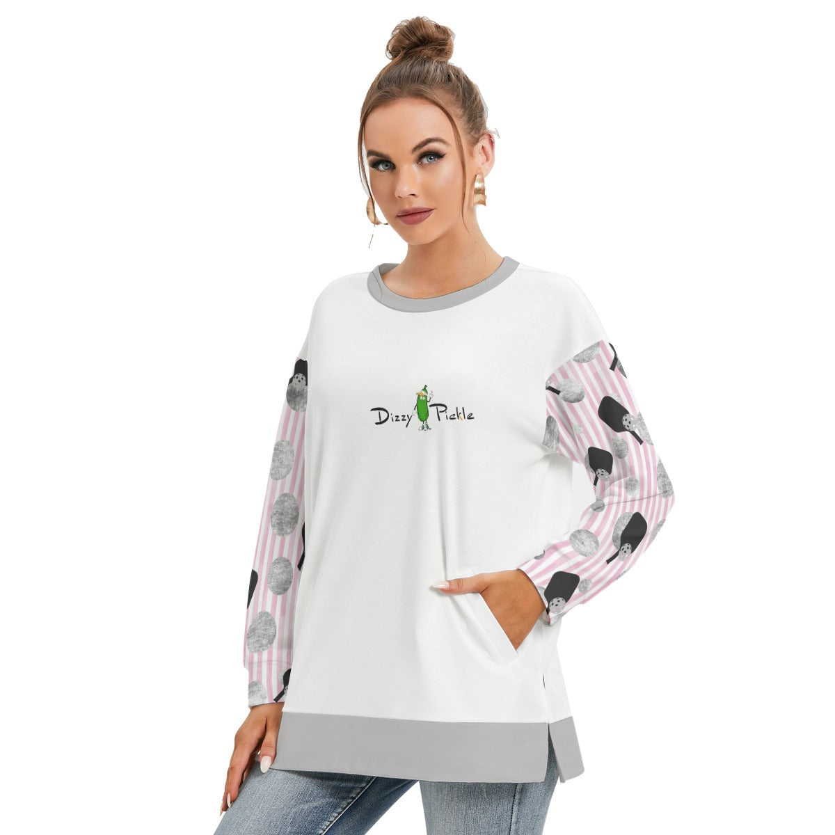 Dizzy Pickle Page Polka Dots_Paddles_Stripes Women's Pickleball Side Split O-Neck Sweatshirt