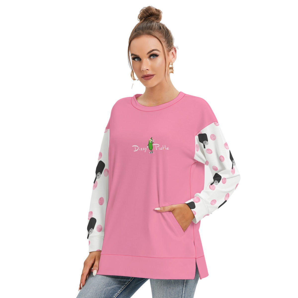 Dizzy Pickle Page Paddles_Polka Dots Small White Women's Pickleball Side Split O-Neck Sweatshirt