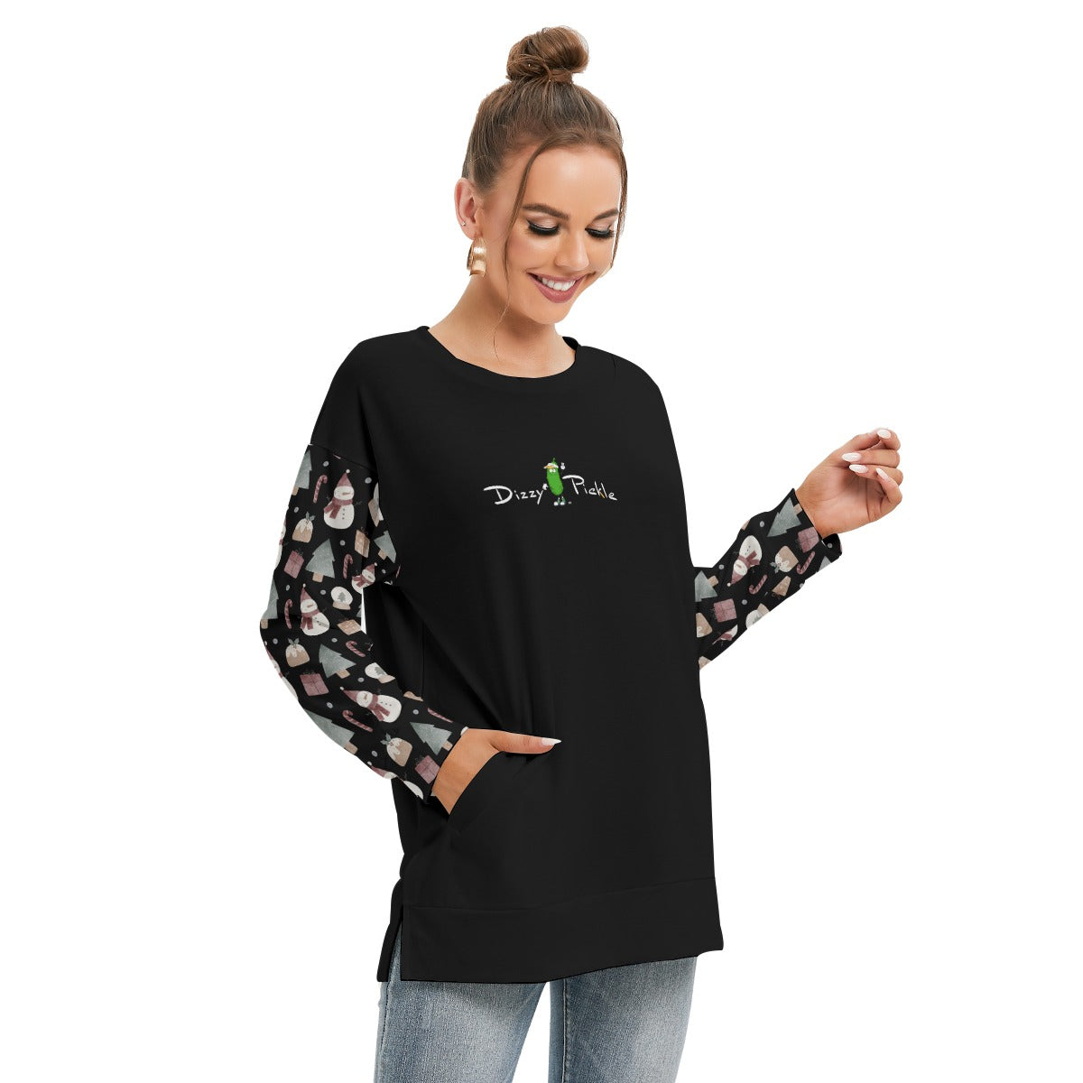 Dizzy Pickle Christmas Snowman Party Women's Pickleball Side Split O-Neck Sweatshirt