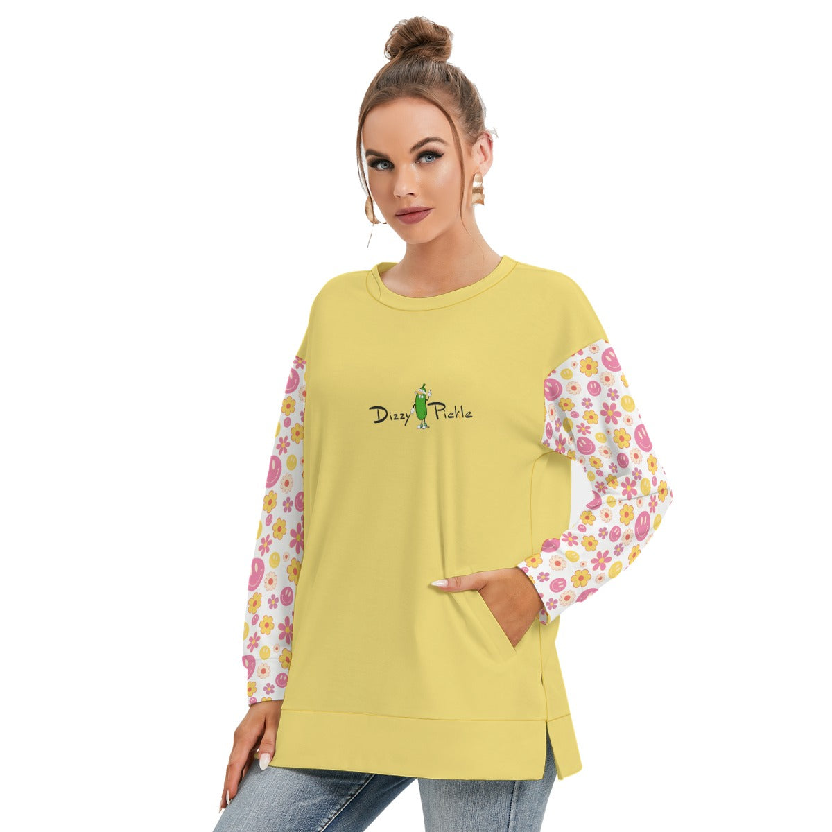 Dizzy Pickle Joy Yellow Women's Pickleball Side Split O-Neck Sweatshirt