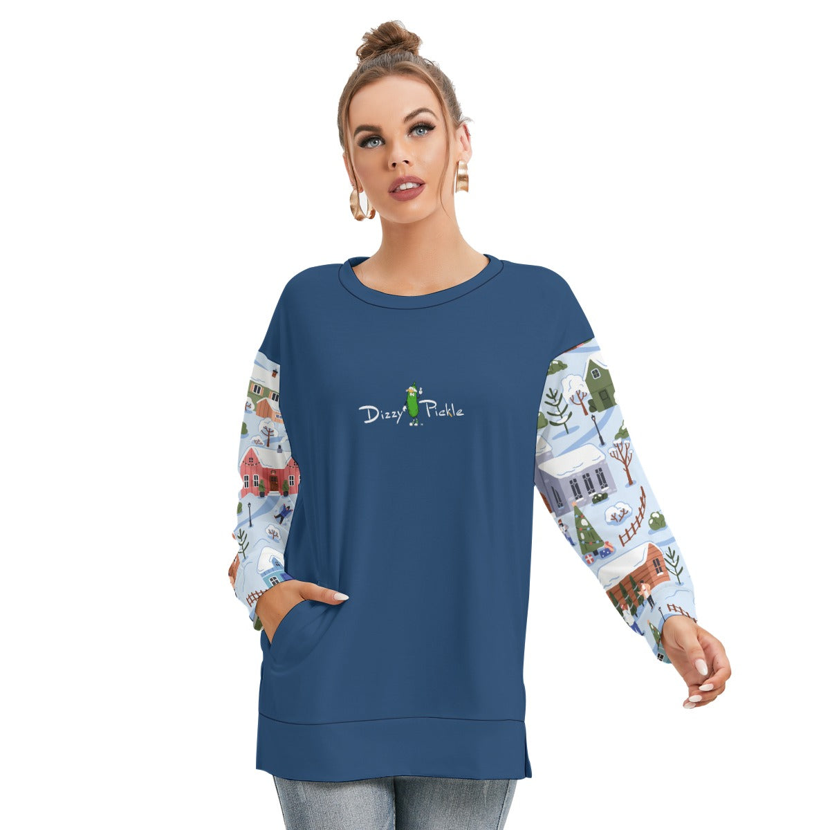 Dizzy Pickle Christmas Small Town Women's Pickleball Side Split O-Neck Sweatshirt