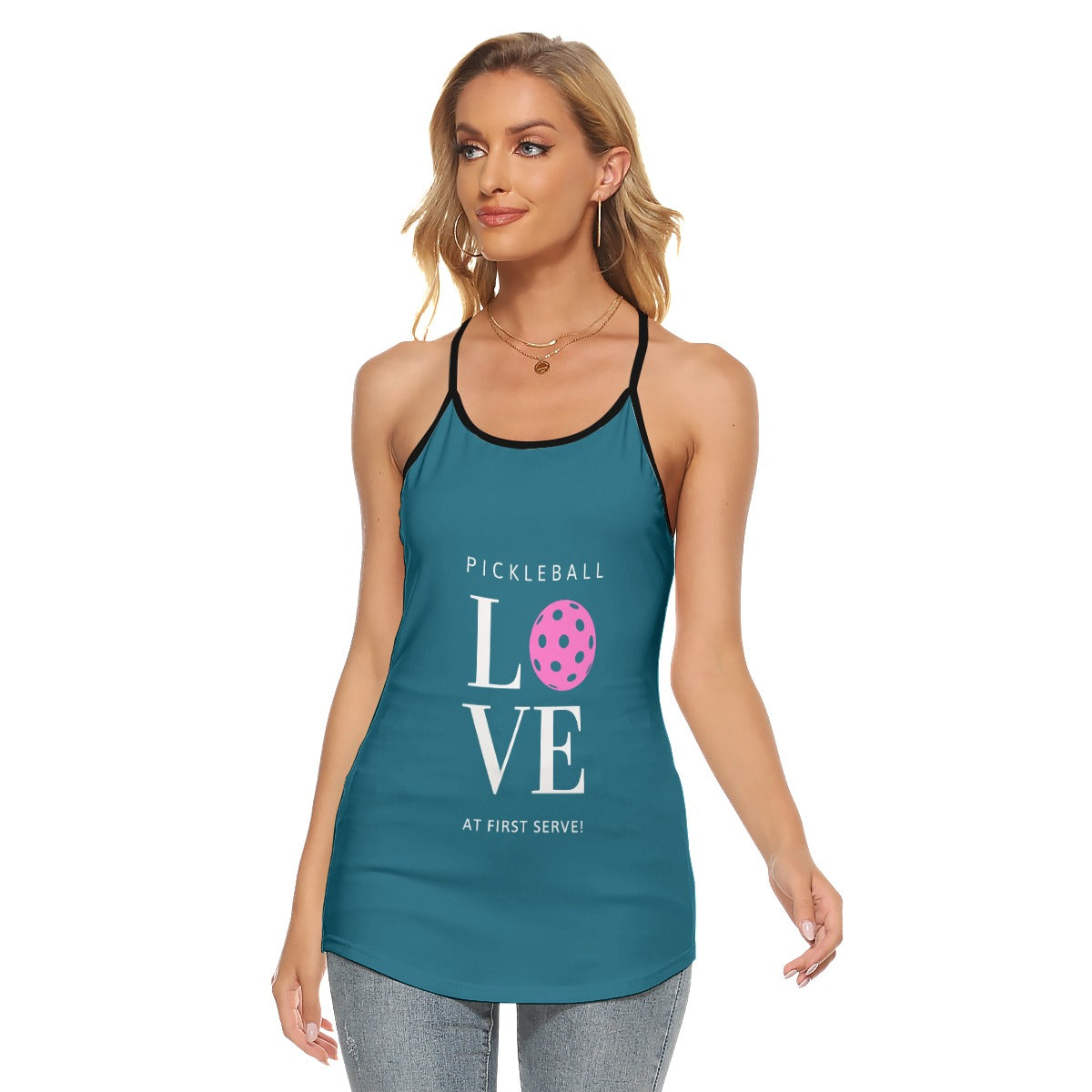 XX-LARGE Dizzy Pickle Pickleball Love at First Serve WP Women's Pickleball Cut-out Crisscross Back Sleeveless Tank Peacock