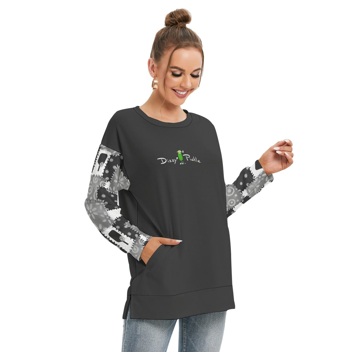 Dizzy Pickle Mary Patches Women's Pickleball Side Split O-Neck Sweatshirt