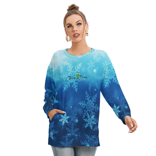 Dizzy Pickle Christmas Blue Snowflakes Women's Pickleball Side Split O-Neck Sweatshirt