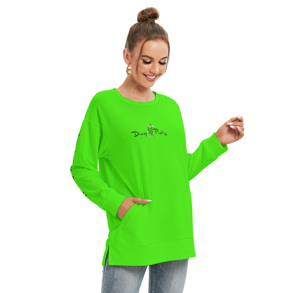 Dizzy Pickle DZY P Classic Lime Green Women's Pickleball Side Split O-Neck Sweatshirt