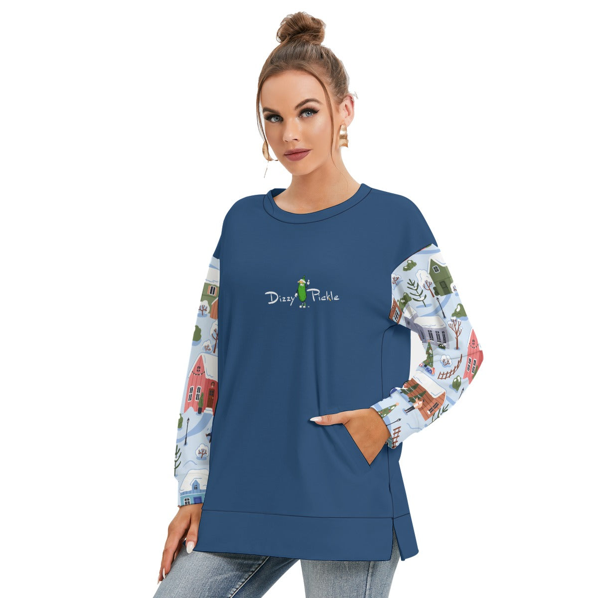 Dizzy Pickle Christmas Small Town Women's Pickleball Side Split O-Neck Sweatshirt