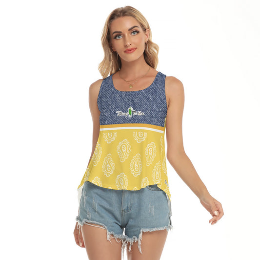 Dizzy Pickle Amy Denim and Yellow Women's Pickleball Open-Backed Sleeveless Tank Top