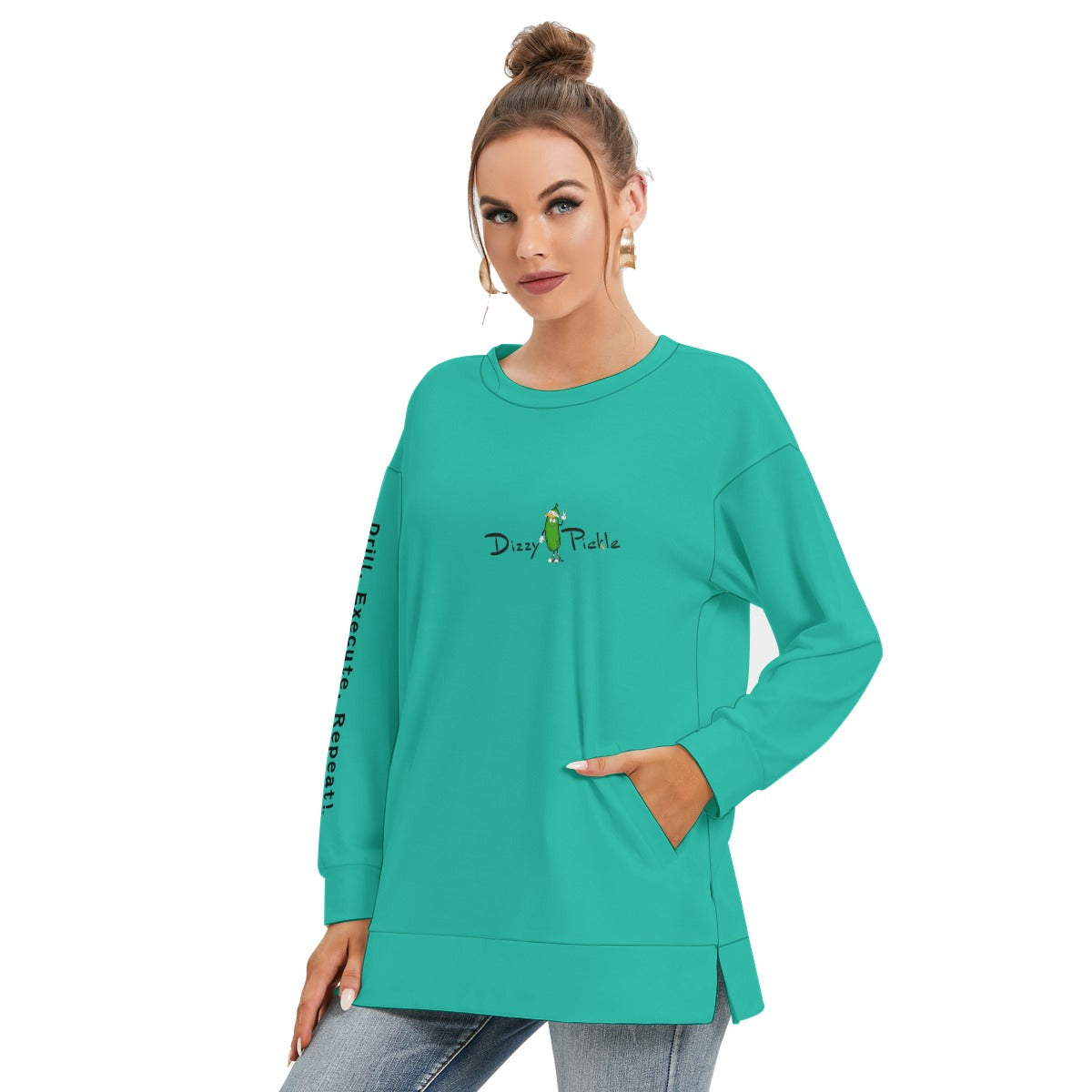 Dizzy Pickle DZY P Classic Turquoise Women's Pickleball Side Split O-Neck Sweatshirt