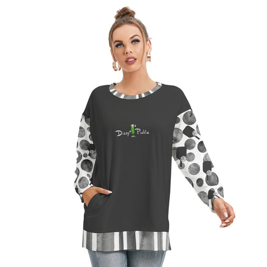 Dizzy Pickle Mary Paddles and Polka Dots Women's Pickleball Side Split O-Neck Sweatshirt