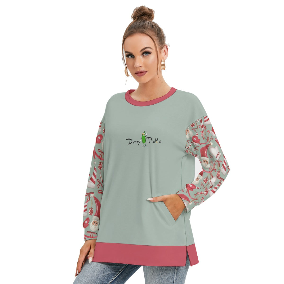 Dizzy Pickle Christmas All Things Santa Women's Pickleball Side Split O-Neck Sweatshirt