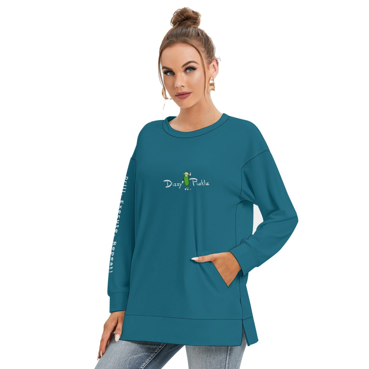 Dizzy Pickle DZY P Classic Peacock Women's Pickleball Side Split O-Neck Sweatshirt