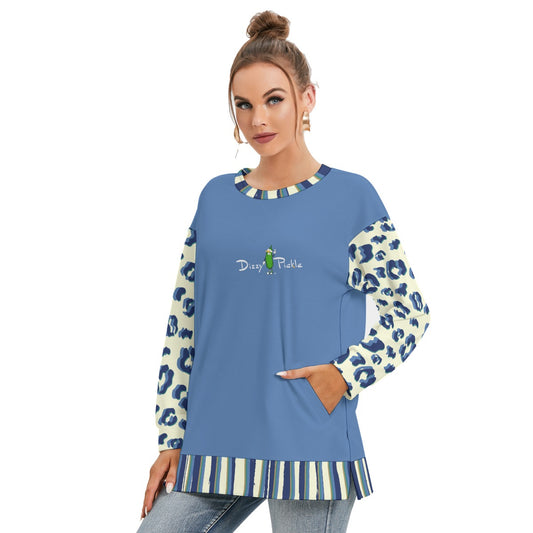 Dizzy Pickle Anne Leopard Print Light Blue Women's Pickleball Side Split O-Neck Sweatshirt