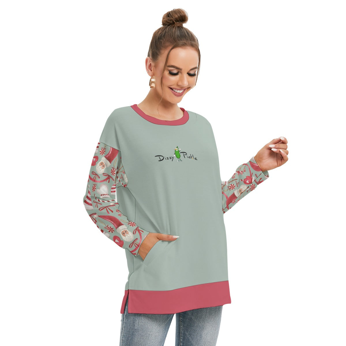 Dizzy Pickle Christmas All Things Santa Women's Pickleball Side Split O-Neck Sweatshirt