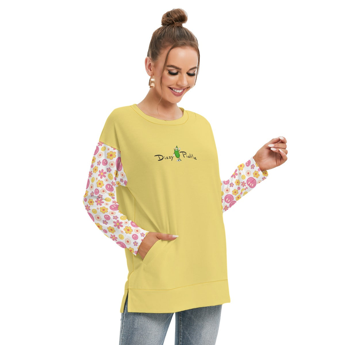 Dizzy Pickle Joy Yellow Women's Pickleball Side Split O-Neck Sweatshirt