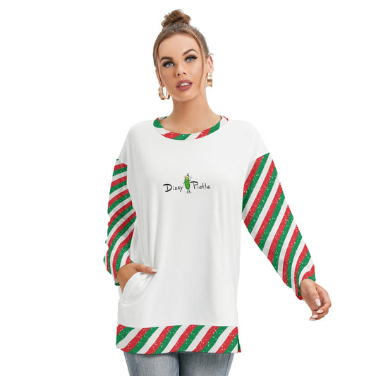 Dizzy Pickle Christmas Red_Green DS Women's Pickleball Side Split O-Neck Sweatshirt