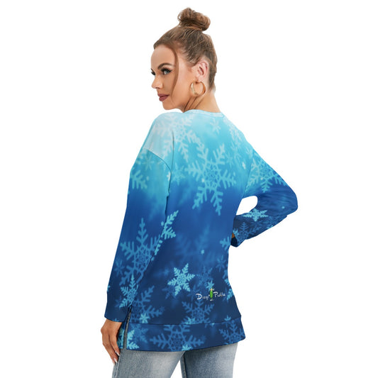 Dizzy Pickle Christmas Blue Snowflakes Women's Pickleball Side Split O-Neck Sweatshirt