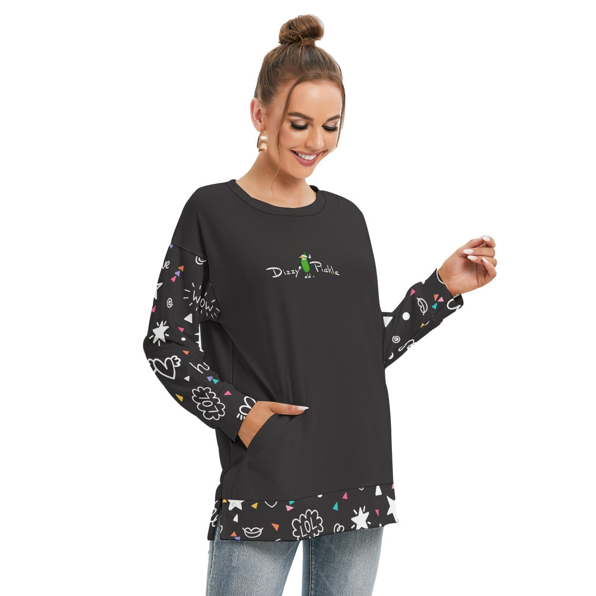 Dizzy Pickle Rachel Black Women's Pickleball Side Split O-Neck Sweatshirt