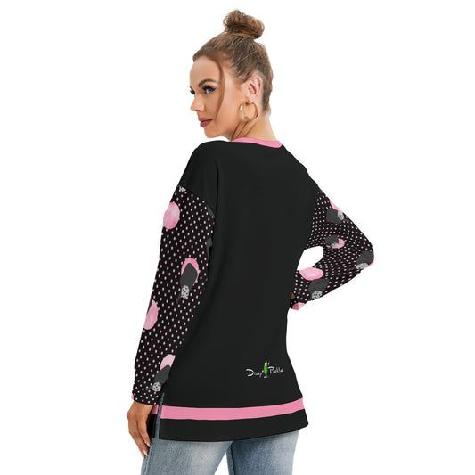 Dizzy Pickle Page Paddles_Polka Dots Black Women's Pickleball Side Split O-Neck Sweatshirt