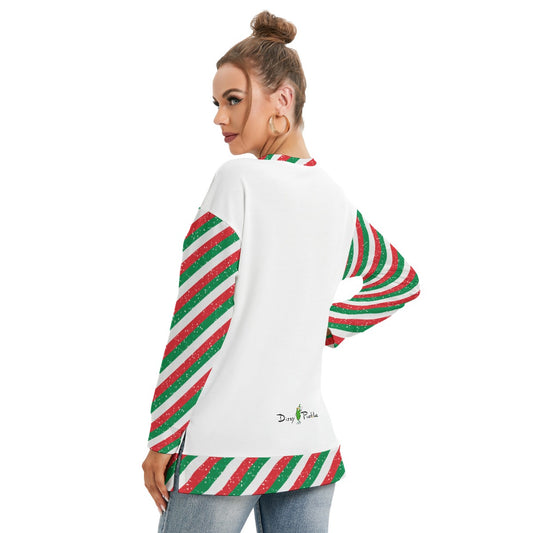 Dizzy Pickle Christmas Red_Green DS Women's Pickleball Side Split O-Neck Sweatshirt