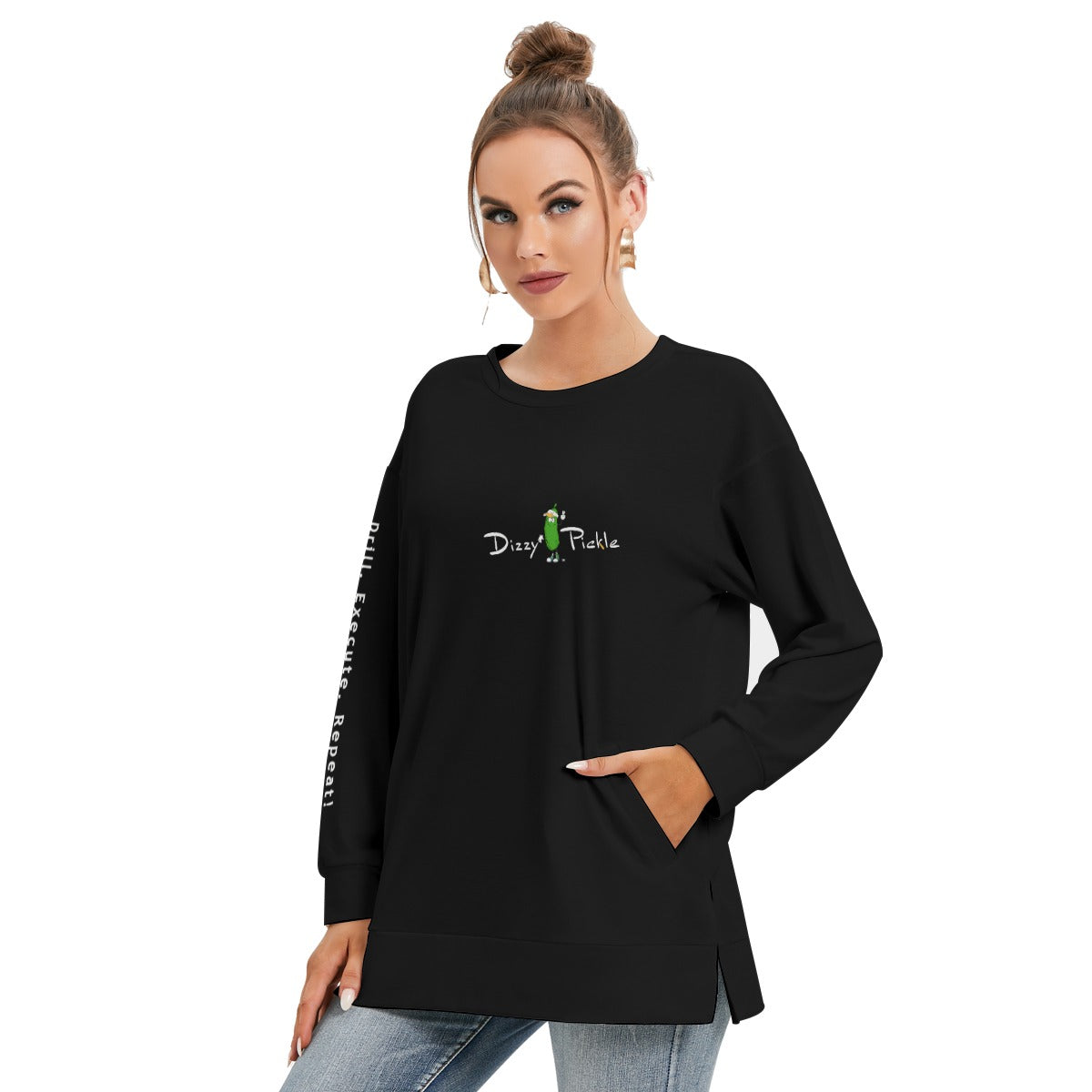 Dizzy Pickle DZY P Classic Black Women's Pickleball Side Split O-Neck Sweatshirt