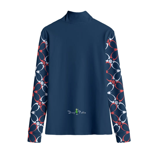 Dizzy Pickle Van Blue Petals with Coral Stripe Women's Quarter Zip Long Sleeve Casual Pullover