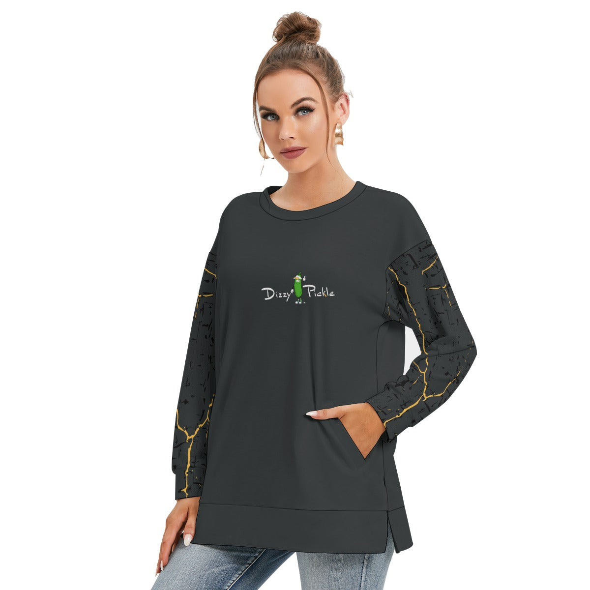 Dizzy Pickle Lynne Black Women's Pickleball Side Split O-Neck Sweatshirt