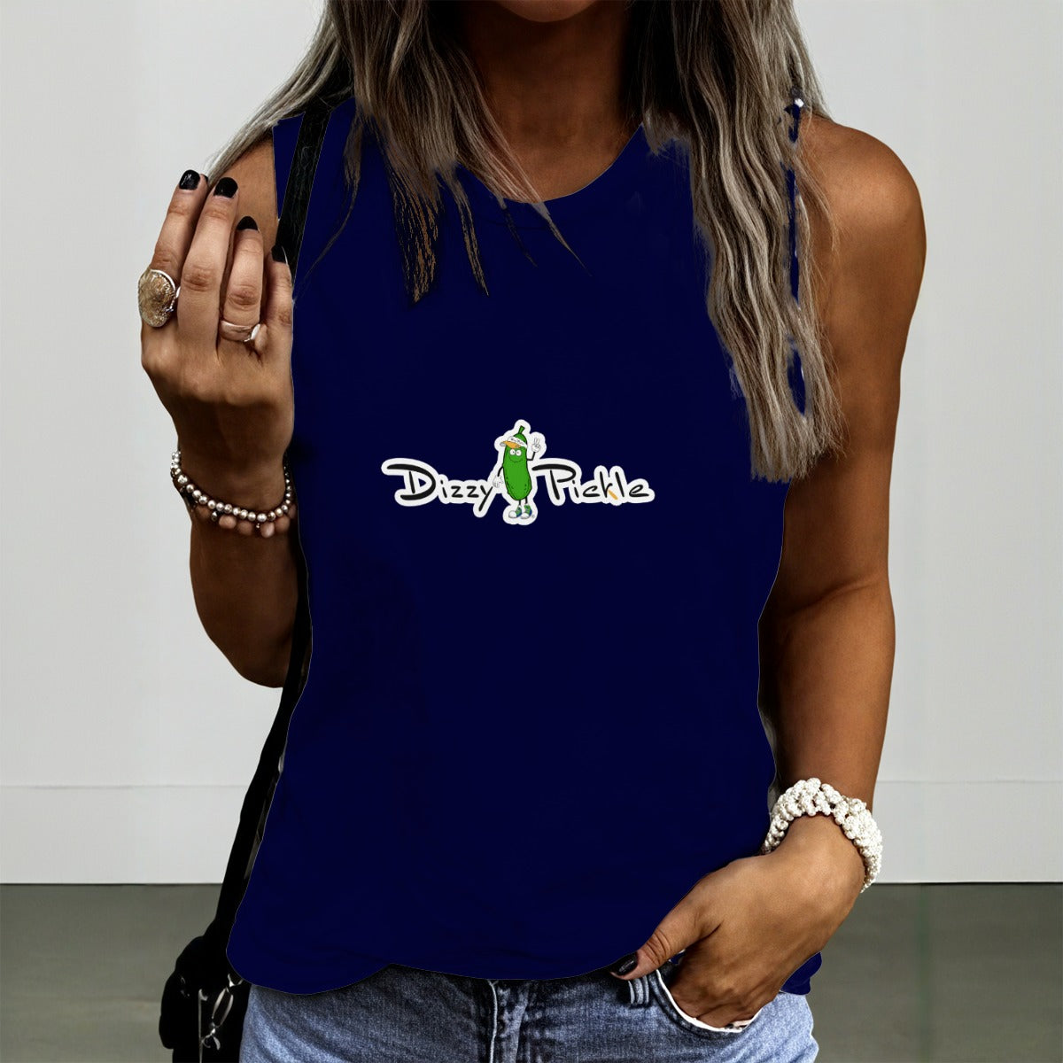 Dizzy Pickle DZY P Classic Midnight Blue Women's Pickleball Crew Neck Sleeveless Premium T-Shirt