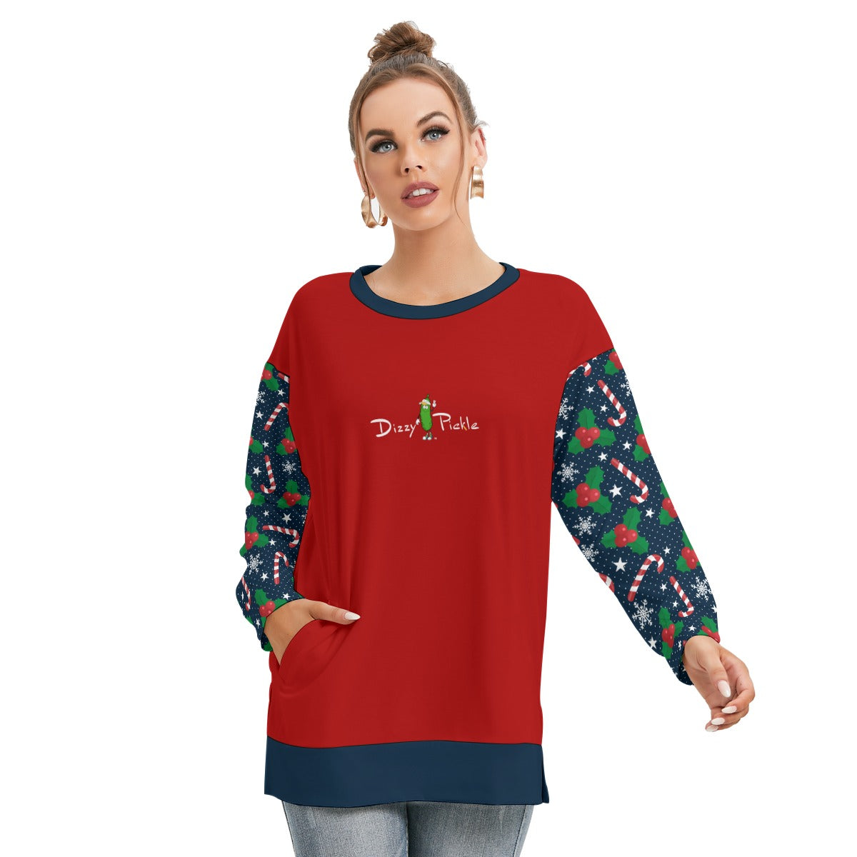 Dizzy Pickle Christmas Candy Canes Women's Pickleball Side Split O-Neck Sweatshirt