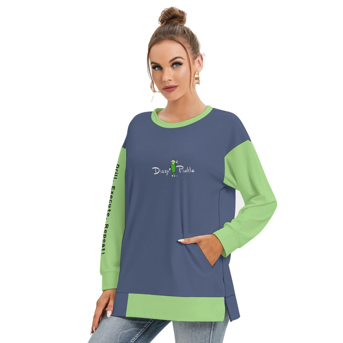 Dizzy Pickle DZY P Classic Blue_Green Women's Pickleball Side Split O-Neck Sweatshirt