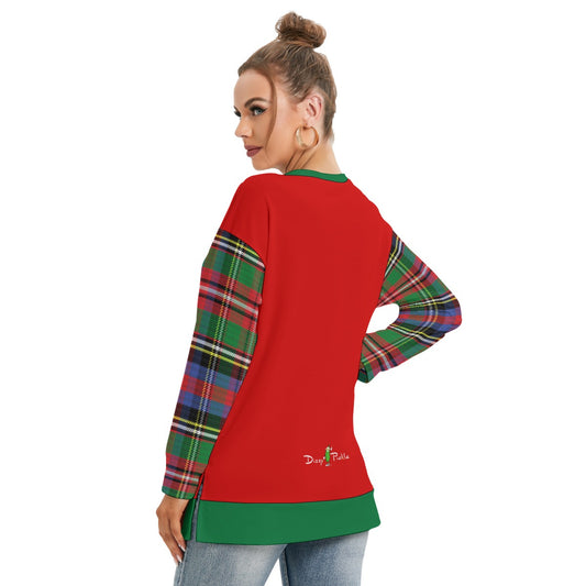 Dizzy Pickle Christmas Plaid Women's Pickleball Side Split O-Neck Sweatshirt