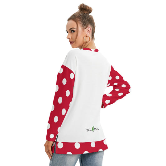 Dizzy Pickle Christmas Polka Dots Red Women's Pickleball Side Split O-Neck Sweatshirt