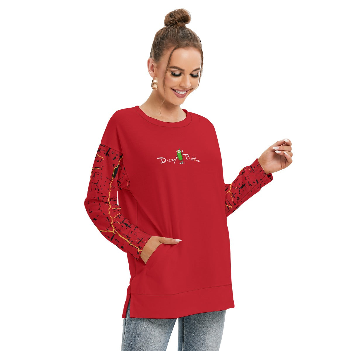 Dizzy Pickle Lynne Red Women's Pickleball Side Split O-Neck Sweatshirt