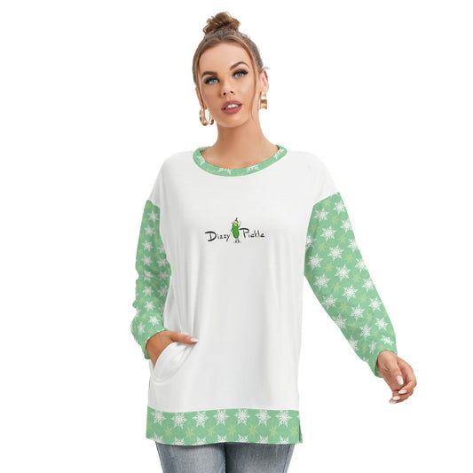 Dizzy Pickle Christmas Snowflakes Green Women's Pickleball Side Split O-Neck Sweatshirt