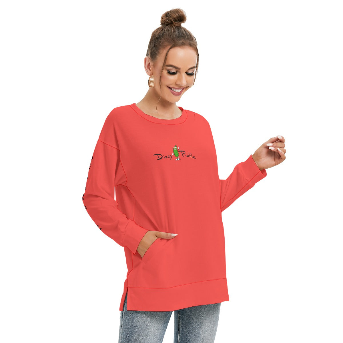 Dizzy Pickle DZY P Classic Coral Women's Pickleball Side Split O-Neck Sweatshirt