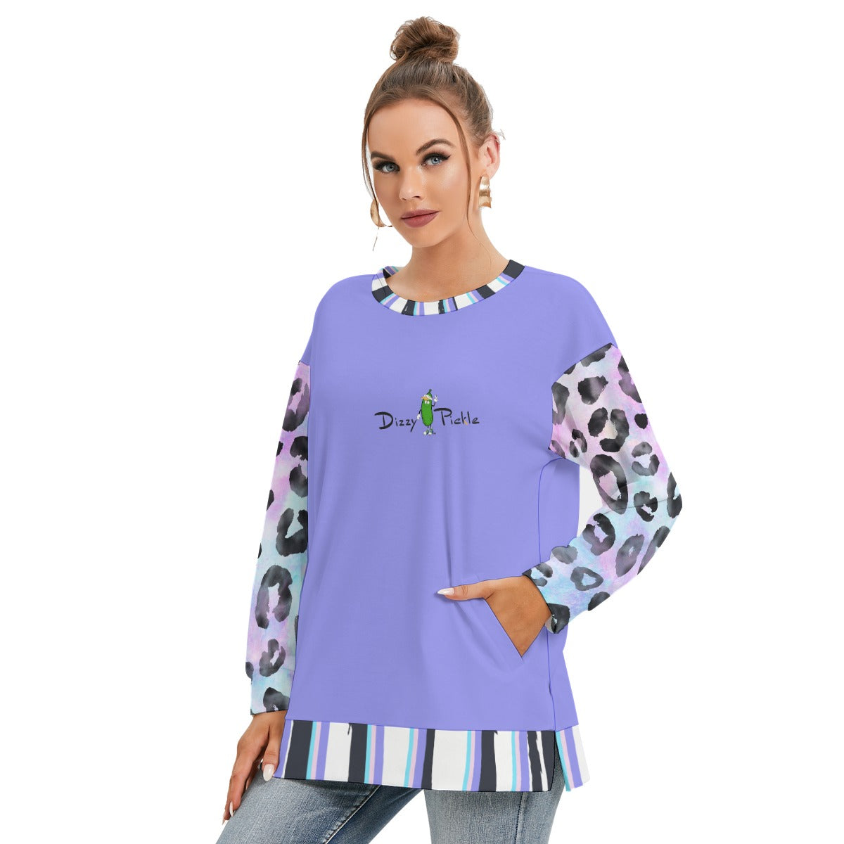 Dizzy Pickle Amber Pastel Kitty Women's Pickleball Side Split O-Neck Sweatshirt