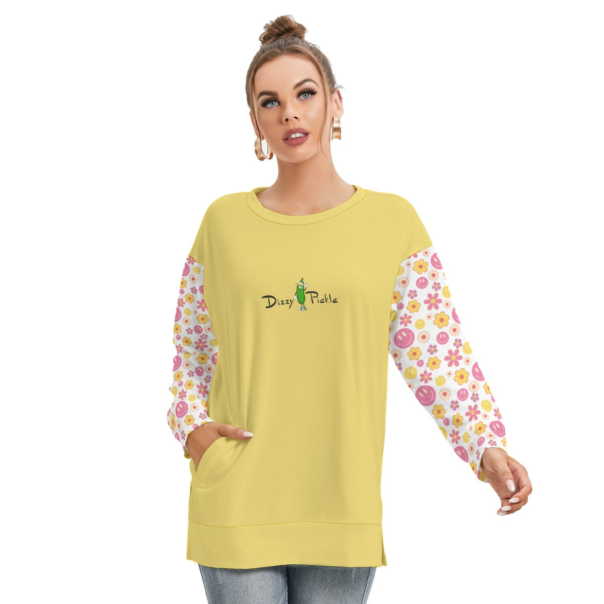 Dizzy Pickle Joy Yellow Women's Pickleball Side Split O-Neck Sweatshirt