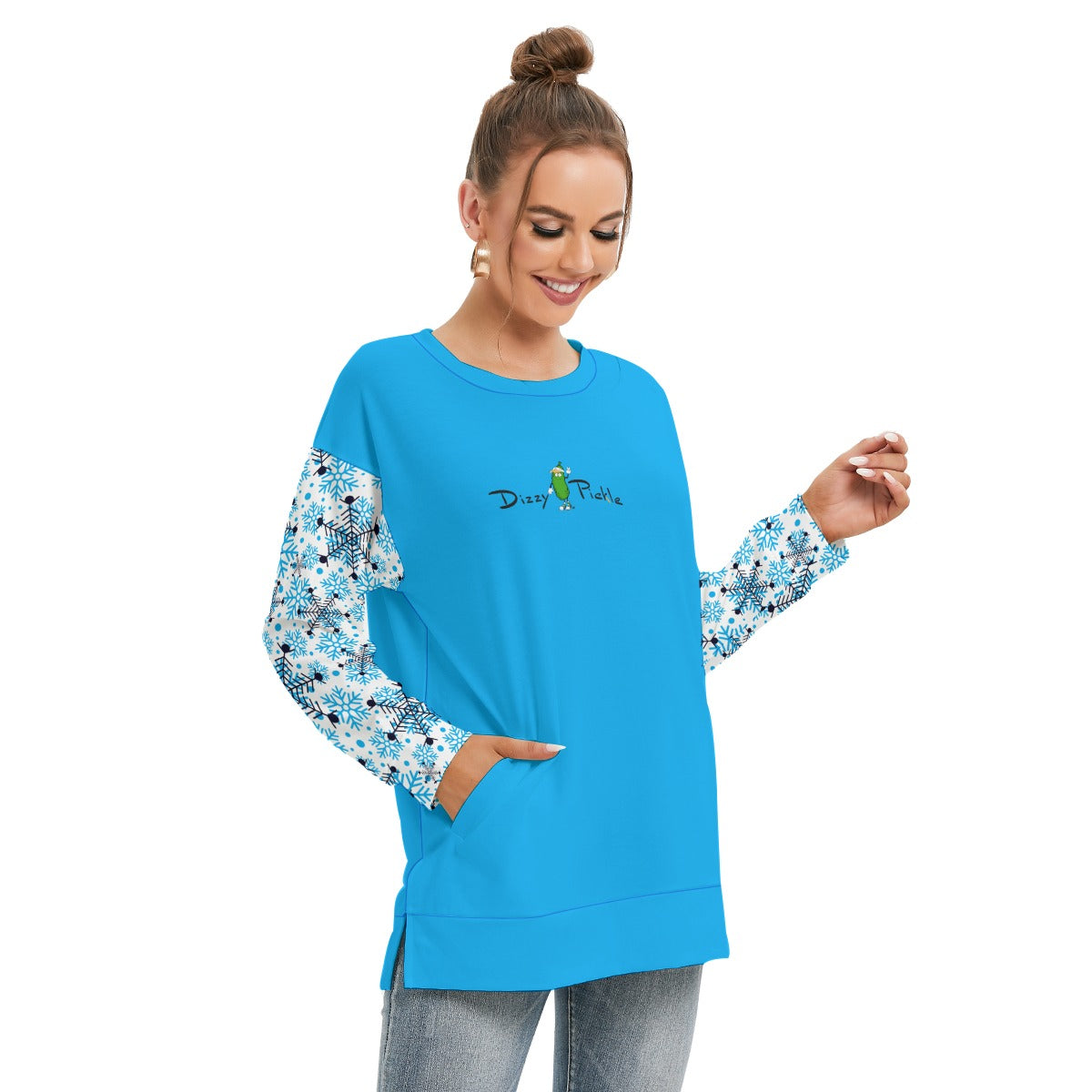 Dizzy Pickle Christmas Snowflakes Blue Women's Pickleball Side Split O-Neck Sweatshirt