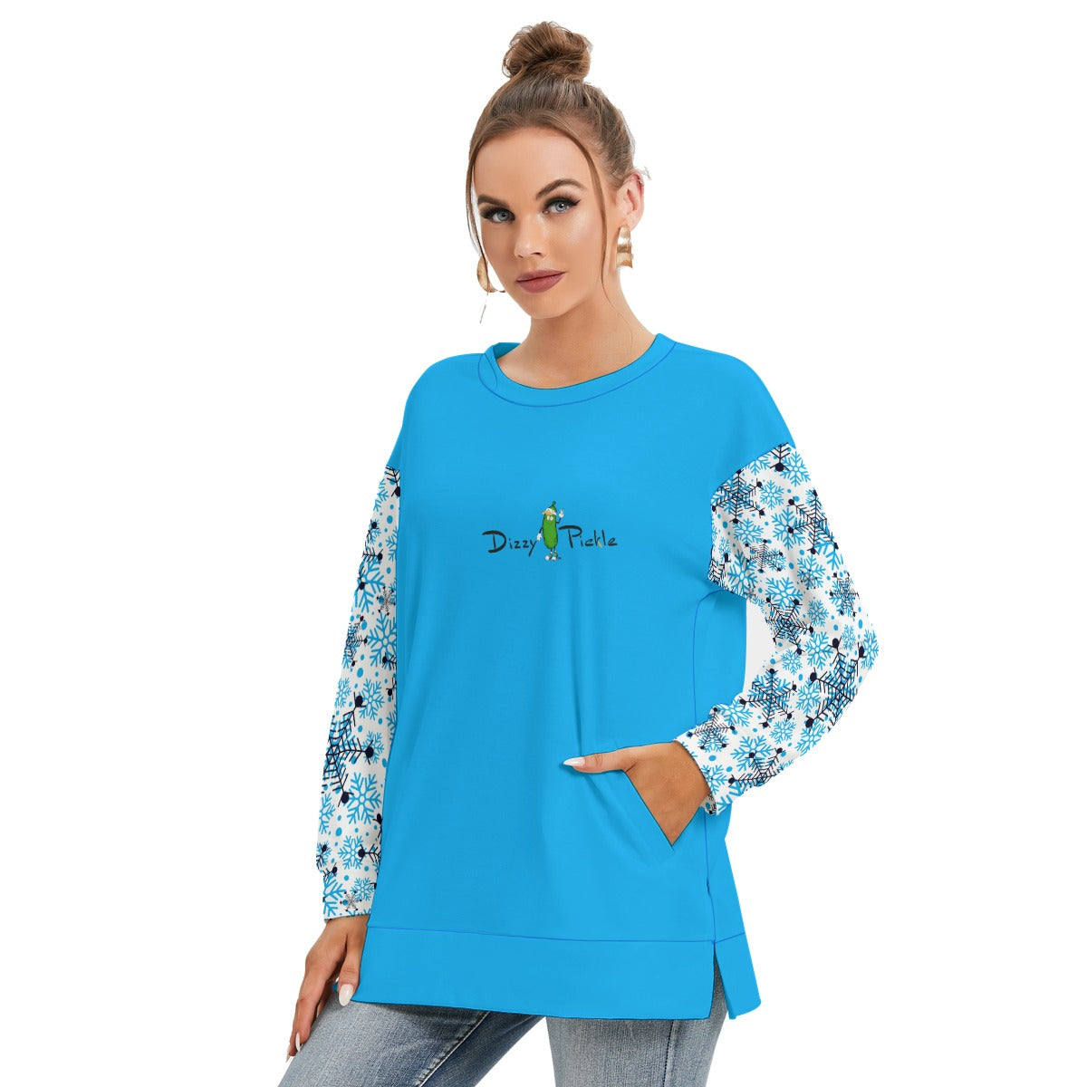 Dizzy Pickle Christmas Snowflakes Blue Women's Pickleball Side Split O-Neck Sweatshirt