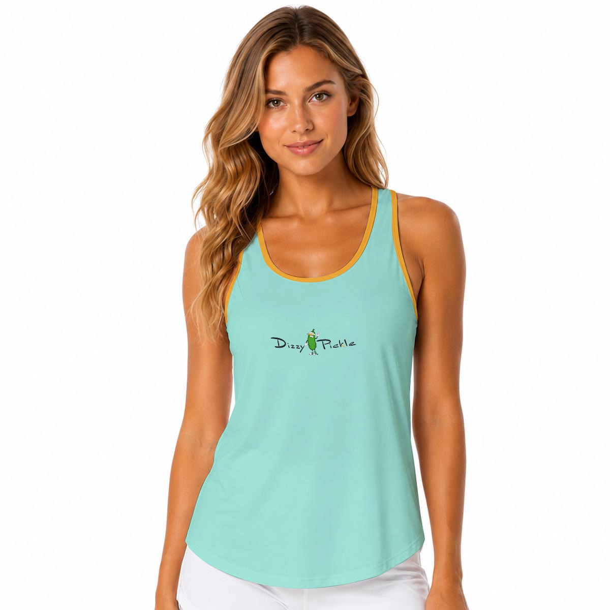 Dizzy Pickle DZY P Classic Aqua Tangerine Women's Sleeveless Performance Tank Top with Built-In Bra