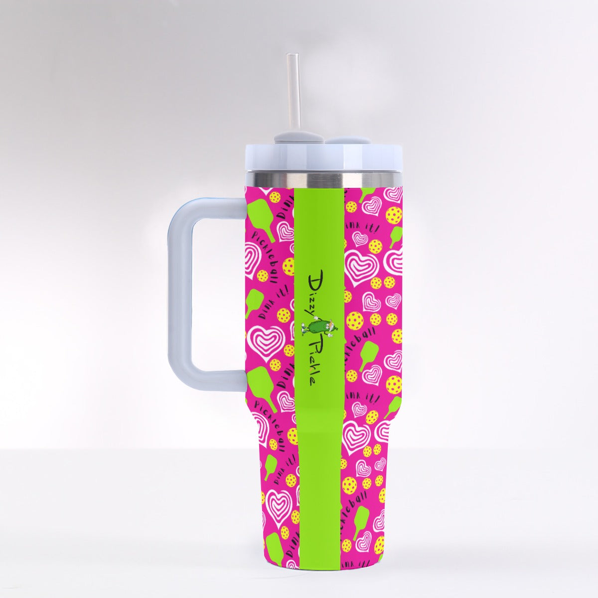 Dizzy Pickle Dinking Diva Hearts PG 40 oz. Mega Pickleball Insulated Tumbler with Handle