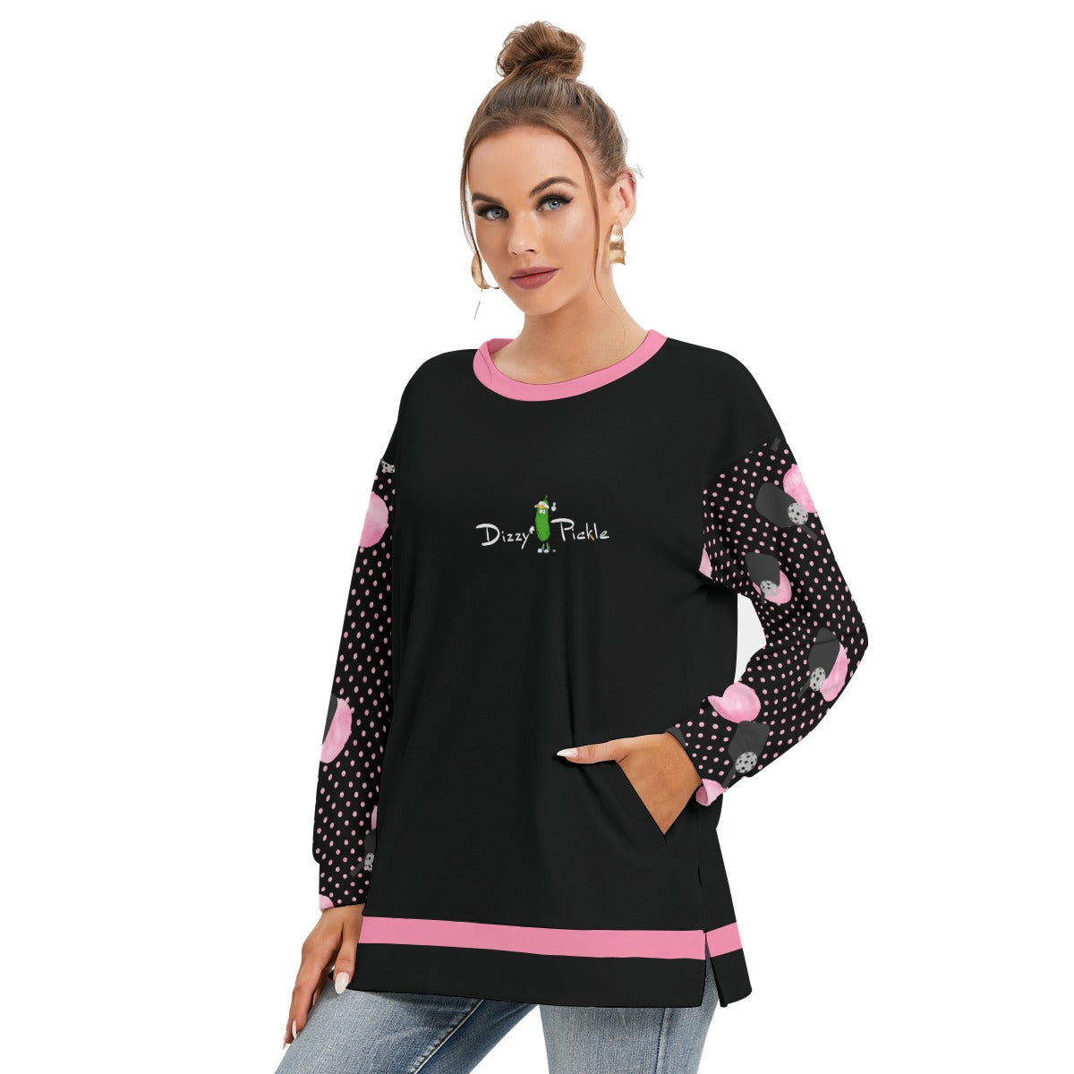 Dizzy Pickle Page Paddles_Polka Dots Black Women's Pickleball Side Split O-Neck Sweatshirt