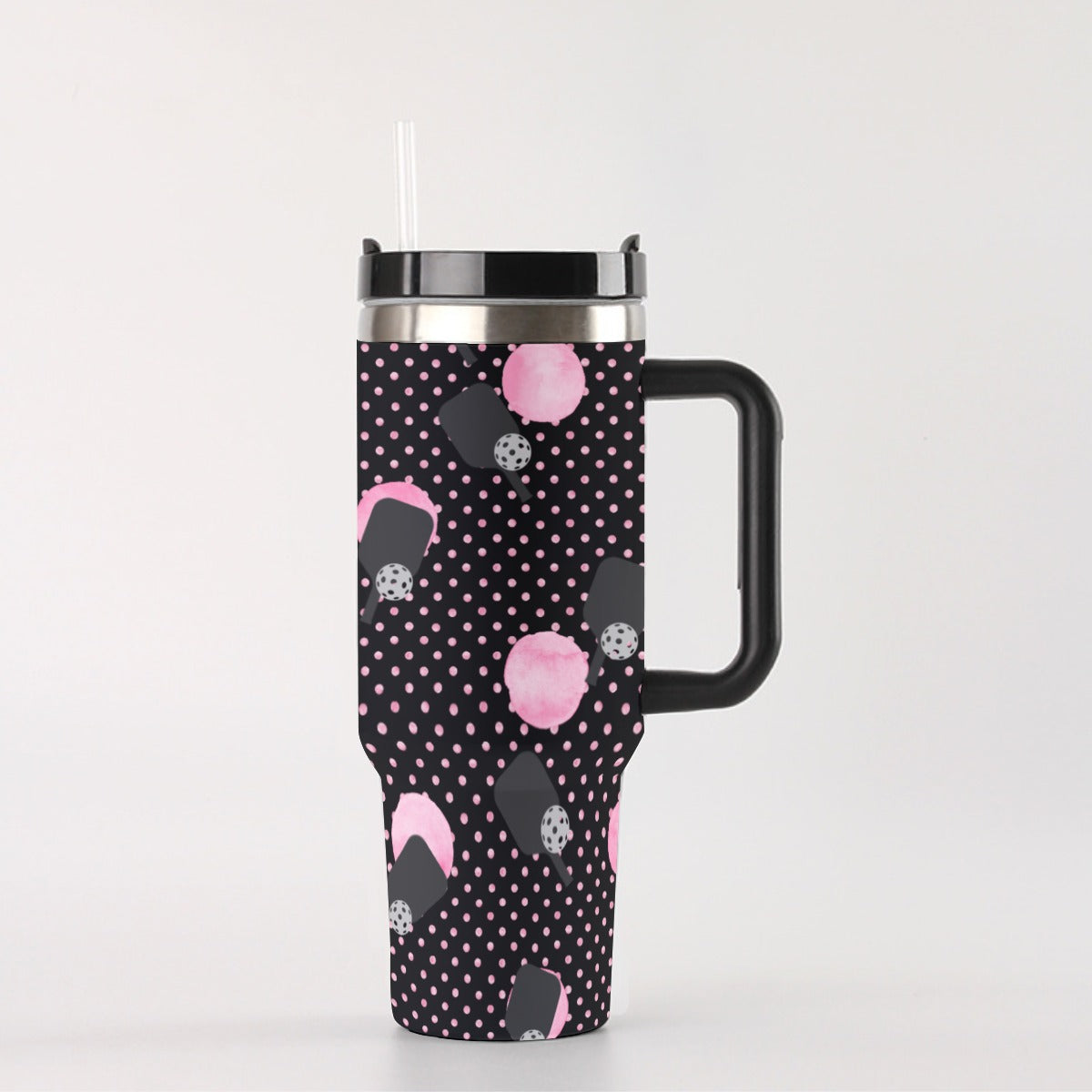 Dizzy Pickle Page Paddles_Polka Dots Black  40 oz. Mega Pickleball Insulated Tumbler with Handle